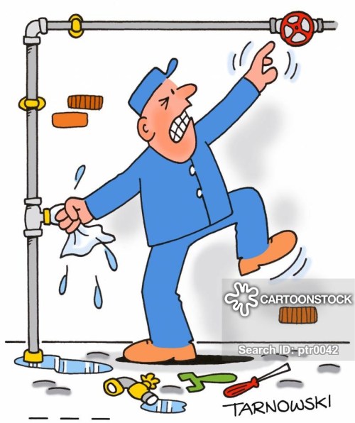 Plumber plugging a hole and trying to reach a valve.